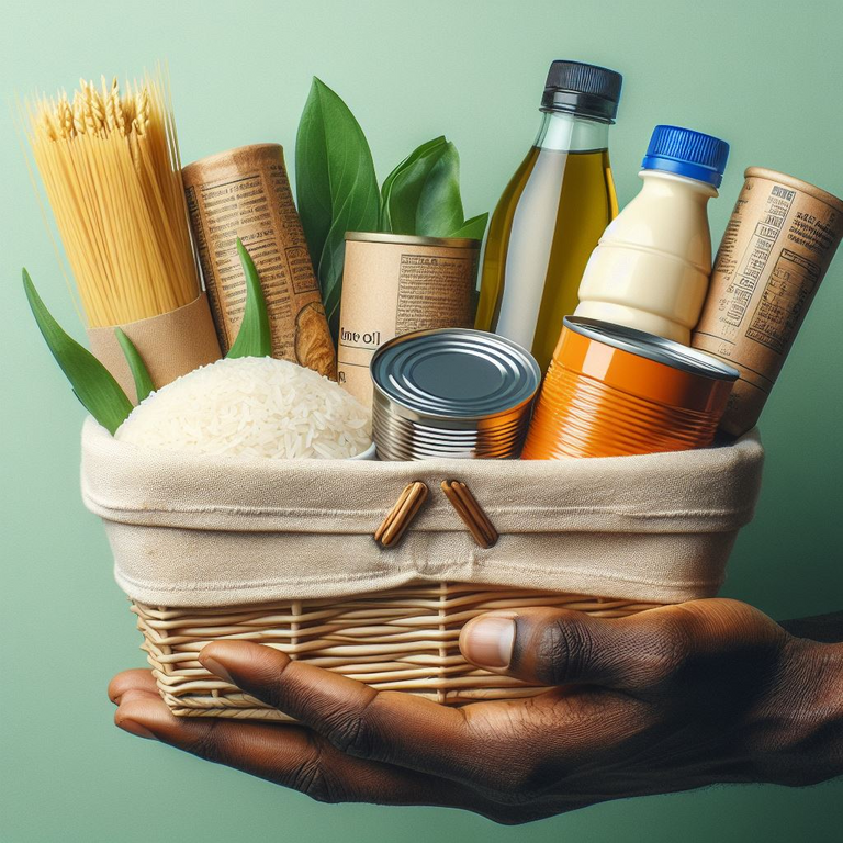 A hand holding groceries, including oil, rice, canned food, vermicelli and others. 