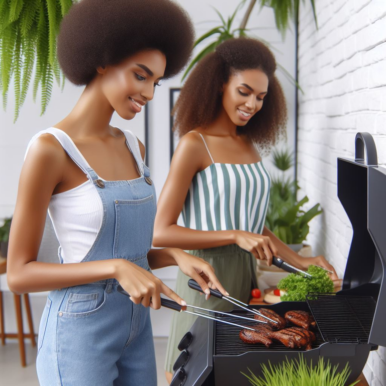Two women cooking using a bbq grill