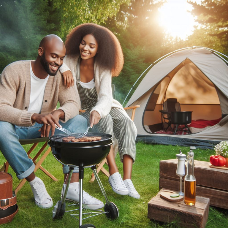 A Somali man and woman camping outdoor with tent, grill, camping chair and other outdoor necessities. 