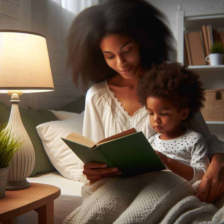 Mother reading a book to her child with light from a table lamp. 