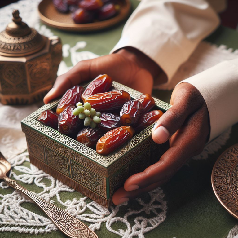 Hands holding a box of premium dates. 
