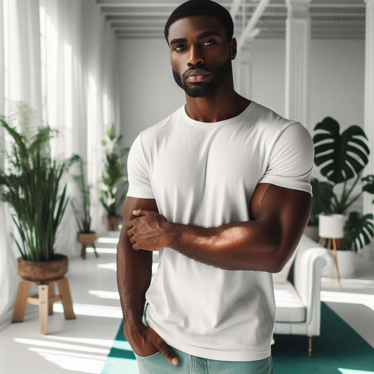 A well built Somali man wearing a white crew neck half sleeve fitted t-shirt and green jeans.