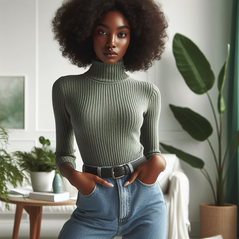 Picture of a Somali woman in green halter neck t-shirt and faded blue jeans