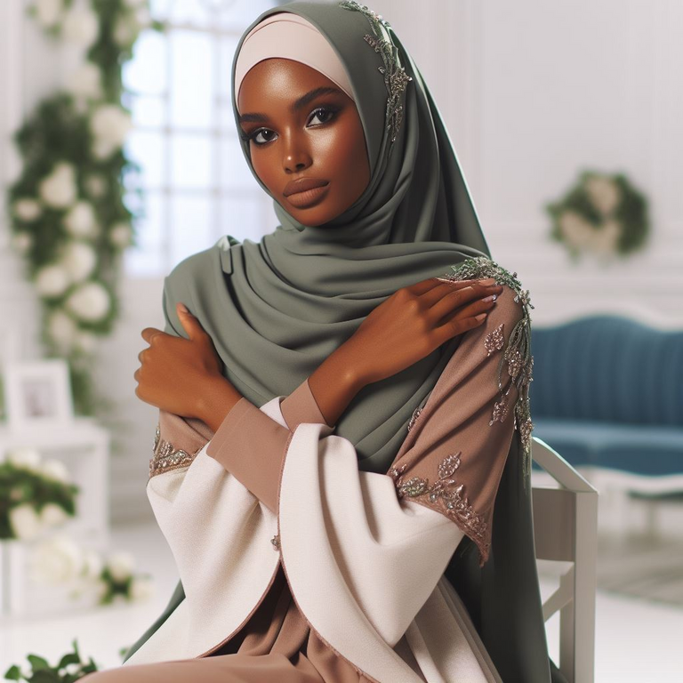 Elegant Somalian woman in pale green and mauve designer abaya