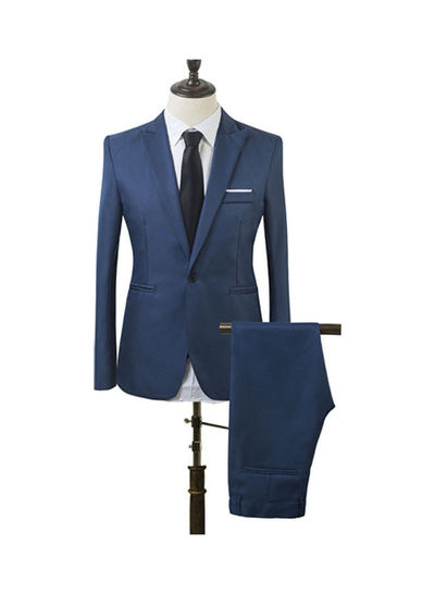 Generic 2-Piece Slim Fit One Button Suit Coat And Pants Set Sapphire Blue