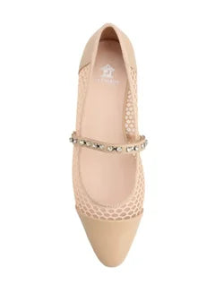 Women's Leather Flat Flatform Ballet Flats Decorated With Shimmering Rhinestones Beige