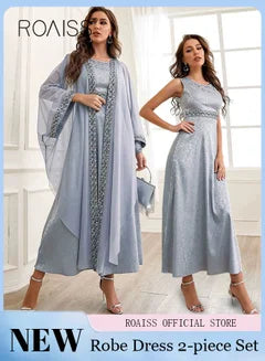 Ladies Long Dress A-Line Round Neck High Waist Temperament Elegant Muslim Dress