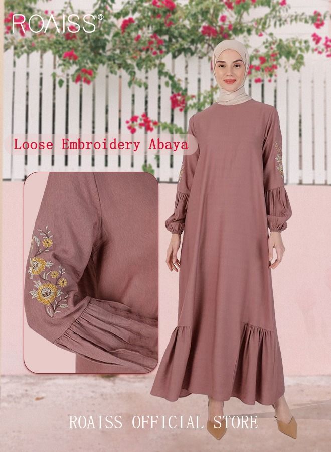 Ladies Long Dress Loose Casual Embroidered Long Sleeves Round Neck Dress Pleat Hem Abaya for Ladies Ramadan Eid al-Adha Gift
