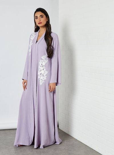 Embroidered Floral Applique Abaya Purple