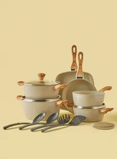 15-Piece 15 Piece Cookware Set - Aluminum Pots And Pans - Non-Stick Surface - Wood Finish Handles - Tempered Glass Lids - PFOA Free - Frying Pan, Casserole With Lid, Saucepan, Grill Pan, Kitchen Tools - Beige Beige