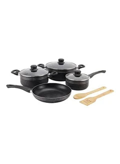 9-Piece Aluminum Body With 3-Layer Construction PFOA-Free Bakelite Handles And Glass Lid Non-Stick Interior and Granite Exterior Cookware Set Includes Casserole Saucepan Fry Pan Bamboo Kitchen Tools Black 24x10 cm