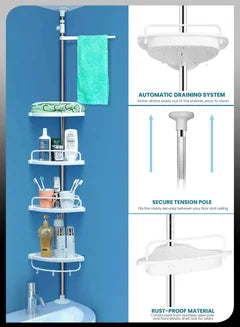 Adjustable 4 Tier Telescopic Shower Caddy Corner Rack Bathroom Shelf Stand With Towel Bar Shelves Tray Hooks Rustproof Metal Pole Rod For Storage Organizer Bathtub Toilet Floor to Ceiling Extendable H