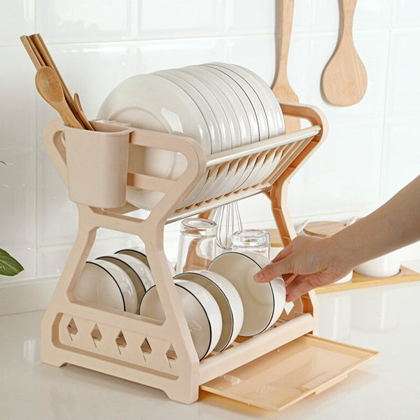 Double Layer Kitchen Utensils Dish Rack With Draining Shelf – Beige