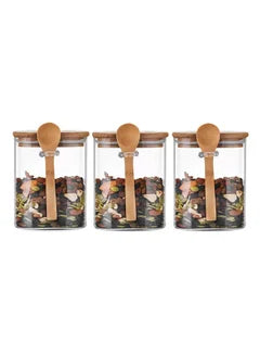 Glass Storage Jar with Bamboo Lids and bamboo Spoon,Set of 3 Airtight Food Jars Kitchen Food Storage Containers with Scoop For Serving Tea, Coffee, Flour, Sugar, Candy, Cookie, Spice 800ml