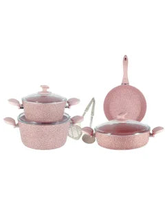 9-Piece Granitec Cookware Set Includes 3xCasserole With Lids, 2xSpoon, 1xFry Pan Pink/White/Grey 26cm
