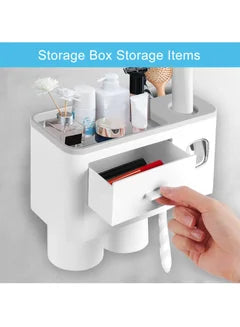 2 Cups Wall Mounted Toothbrush Holder, Multipurpose Space-Saving Toothbrush and Toothpaste Holder with Drawer for Cosmetics Organizer for Washroom and Bathroom