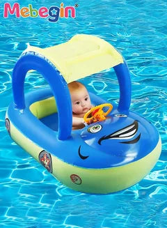 Car Shape Baby Swimming Ring with UPF 50+ Canopy Back Holder Never Flip 80*60*55cm, Inflatable Baby Pool Float Sunshade for Infant Kids Boys Girls Toddlers Summer Outdoor Beach Water Toys