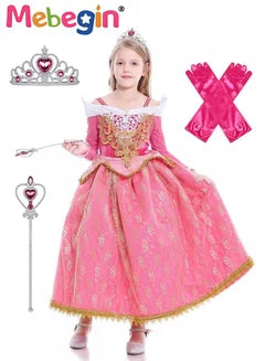 Princess Dress Clothes with Crown Gloves and Magic Wand, Pretend Princess Skirt Set for Girls Kids Suit for Evenning Party Performance 100cm Height Kids Pink